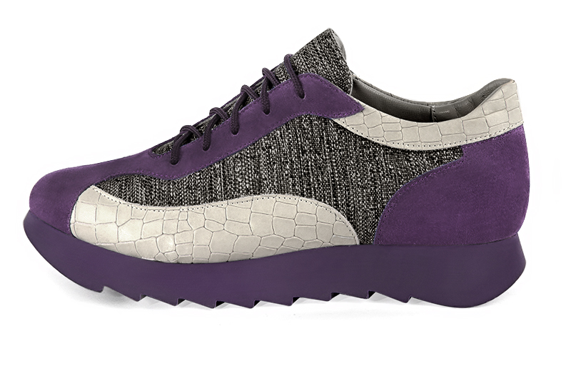 Amethyst purple, matt black and off white women's three-tone elegant sneakers. Round toe. Low rubber soles. Profile view - Florence KOOIJMAN